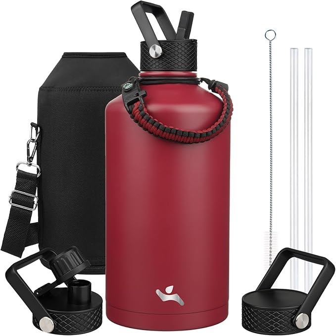 Konokyo Gallon Insulated Water Bottle with Straw,128 oz 3 Lids Water Jug with Carrying Bag,Paracord Handle, Double Wall Vacuum Stainless Steel Metal Flask,Dark Red
