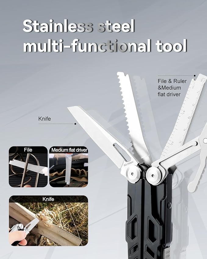 Multitool 15-in-1 Stainless Steel Multi Tool Pliers with Knife, Spring-Action Pliers and Scissors, Multitool for Survival, Camping, Hiking, Gifts for Men (Black)
