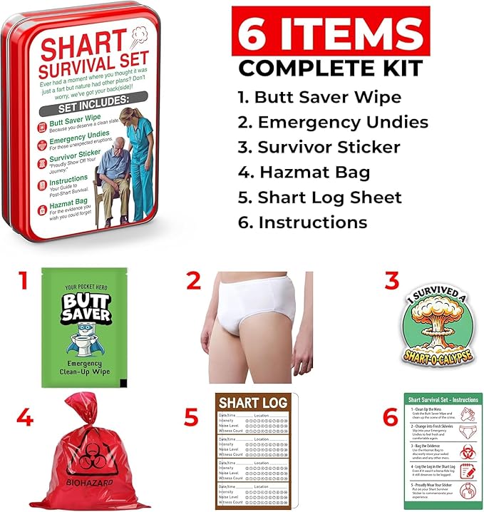 Shart Survival Set - Funny Gag Gift 2026 Friend Gifts Includes Disposable Underwear, Hazmat Bag, Wet Wipe and More! Unique Stocking Suffers for Men Birthday Husband Teens Potty Humor Prank Him Fart