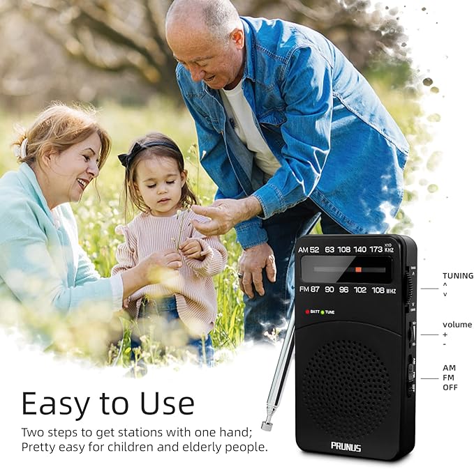 PRUNUS J-166 Portable Radio AM FM, Battery Operated Radio with Tuning Light, Back Clip, Excellent Reception, AM FM Radios Portable, Transistor Radios