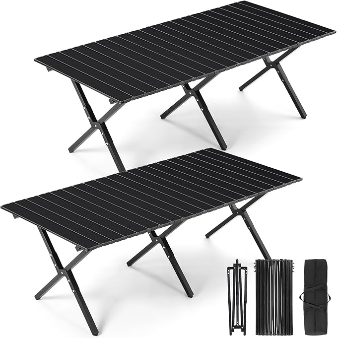 Suzile 2 Pack 4FT Folding Camping Table, Roll Up Portable Camp Table with Carry Bag, Low Collapsible Lightweight Aluminum Outdoor for Camping, Picnic, Beach, Patio, Kitchen(Black)