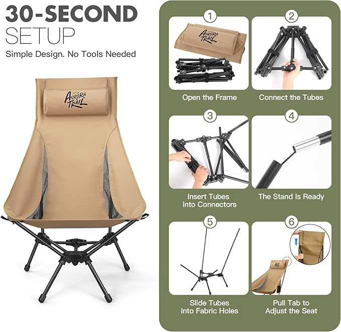 AuroraTrail High Back Folding Camping Chair with Pillow – Lightweight Portable Outdoor Chair with Cup Holder & Carry Bag, Sturdy Aluminum Frame Supports up to 374 lb for Camping, Hiking & Festivals