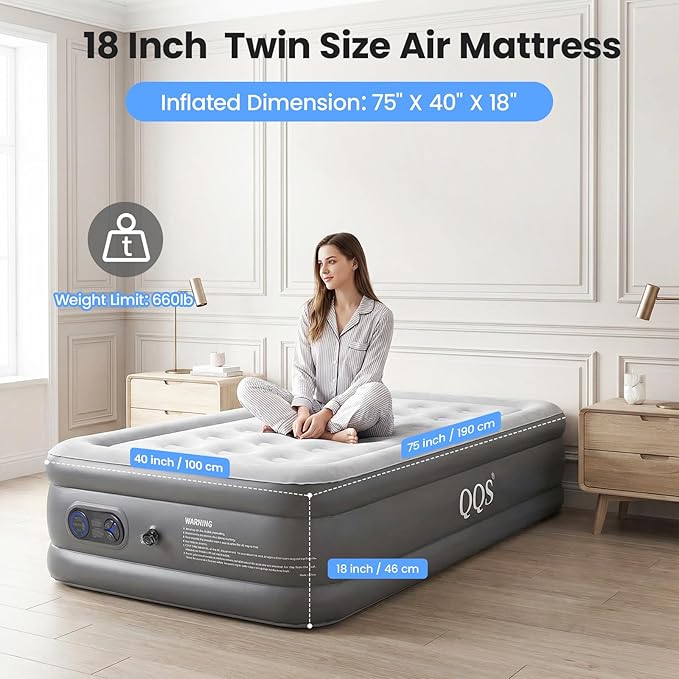 Air Mattress Twin with Built-in Pump, 18'' Raised Inflatable Bed, 660lb Heavy Duty Support Blow Up Mattress with Bag for Guest, Home & Camping