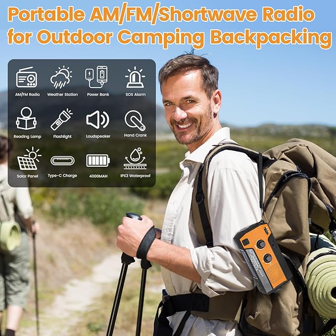 4000mAh/14800mWh Emergency Radio, Solar Hand Crank Emergency Radio - NOAA Weather Radio with AM/FM/NOAA Weather Alert, Reading Lamp, Flashlight, Cell Phone Charger and SOS Siren (Orange)