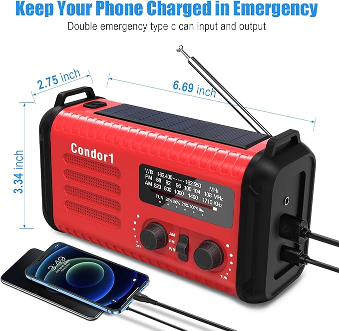 20000mAh Emergency Weather Radio, Solar Hand Crank Portable AM/FM/NOAA Radio with Flashlight, Reading Lamp, SOS Alarm, USB-C Cell Phone Charger for Home Outdoor Survival-Red