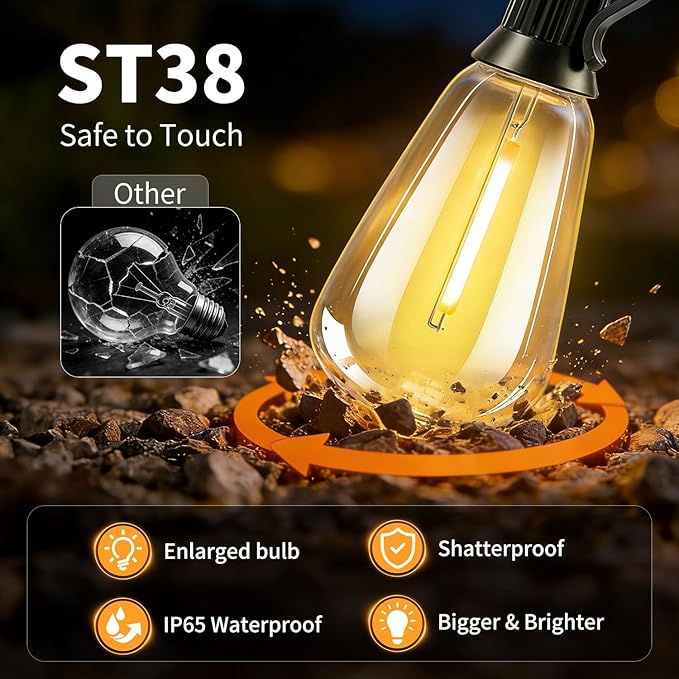 Outdoor Solar String Lights Waterproof: ST38 50ft Shatterproof Patio Lights - Solar Powered & USB Dual Charging - 3 Modes Button Control - Garden Backyard Gazebo Porch Party Decor
