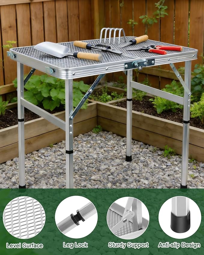 Small 2ft Folding Table with Carry Handle, Adjustable Height 10.6" or 22", Silver Metal Mesh, Portable & Compact Indoor/Apartment/Card/Side/Grill Table, 23.6"Lx15.8"W, Lightweight 4 lb, 66 lb Capacity