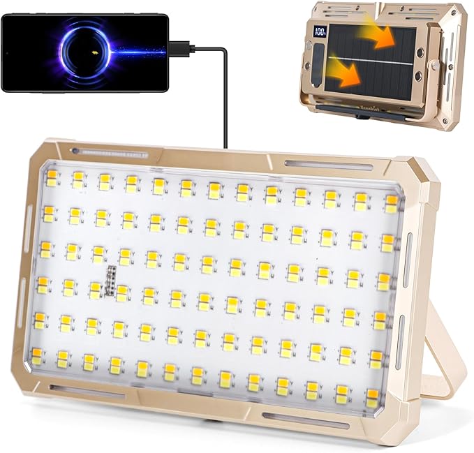 Solar Rechargeable Work Light with Power Bank & Battery Indicator, 178 LED Portable Flood Light with Magnetic Base, 4 Modes IP44 Waterproof Job Site Lamp for Camping, Fishing, Car Repair (Gold Body)