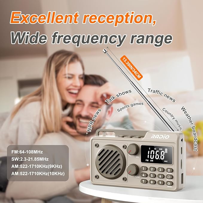 Portable Radio AM FM 1500mAh Rechargeable with Best Reception, Transistor shortwave Radio Wireless Bluetooth Speaker, with Large LCD Screen, Support TF Card U Disk, Earphone, Sleep Timer(Khaki)