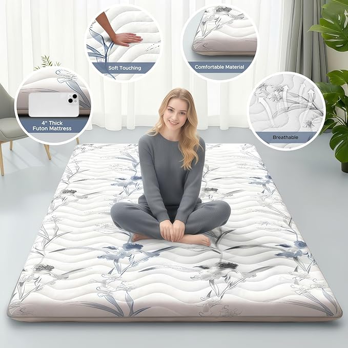 SCHNAUZER HOME Japanese Floor Mattress, 3.5" Thicken Ink Wash Floral Pattern Portable Futon Mattress, 100% High-Density Foam Tatami Mat Sleeping Pad for Camping Guest Room Dormitory RV, White, Full