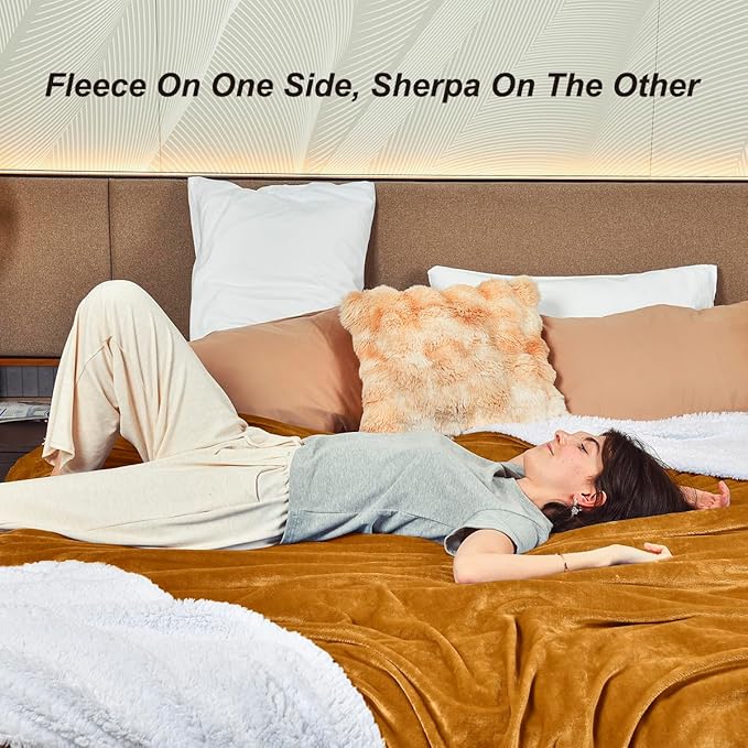 KAWAHOME Sherpa Fleece King Size Blanket for Bed - Extra Warm and Heavy Thick Blankets for Winter, Super Soft 500GSM Plush Blanket, 108" X 90" Ginger Yellow