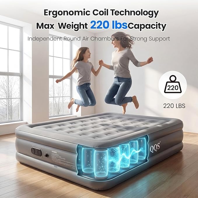 Air Mattress Queen with Hand Pump, 8.6'' Raised Inflatable Bed, 220lb Support Blow Up Mattress for Guest, Tent Camping, Travel & Home Use
