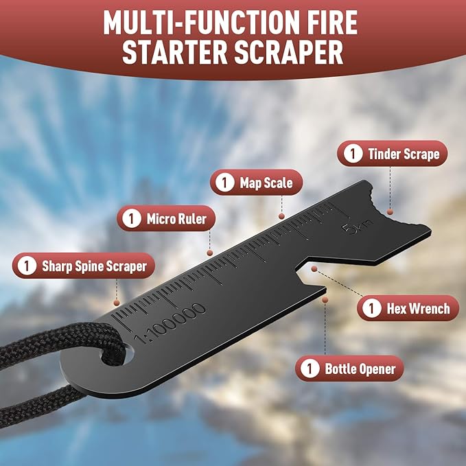 BBTO Striker Scraper Ferrocerium Rod Scraper Steel Ferrocerium Rod Striker Flint Fire Starter with Keychain Ring for Survival Drilled, Emergency, Camping, Backpacking, Hiking, Bush-Craft