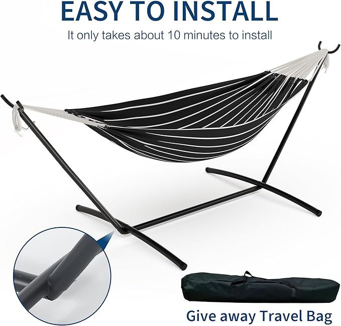 Double Hammock with Steel Stand - 2 Person Hammock Bed Indoor Outdoor, Brazilian-Style, with Carry Bag, 450lb Capacity, Portable & Easy Assembly, Chasm