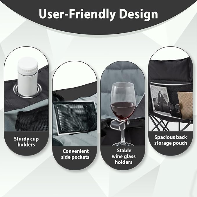 Youtanic Oversized Double Camping Chair, Folding Loveseat Camping Couch with Pocket, Cup Holder and Carry Bag, Heavy Duty Portable Camping Chairs for Adults, Fishing, Sports, Trip, up to 660lbs, Black