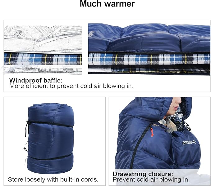 REDCAMP Flannel Sleeping Bag for Adults, Comfortable Cotton Sleeping Bags for Camping with Detachable Hood, Red/Grey/Blue/Black
