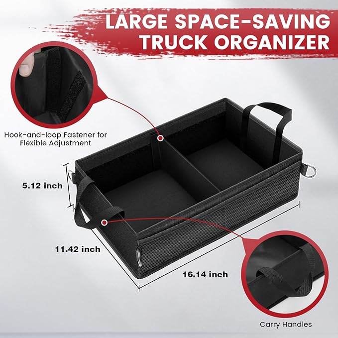 Under Seat Truck Organizer Storage Box with Removable Divider & 4 Storage Mesh Bag,Collapsible Trunk Organizer for Car, SUV, Truck, or Van(Full Size Trucks)