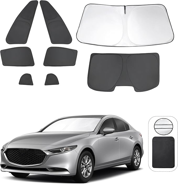8PCS Windshield Sun Shade Custom Fit for 2019-2024 2025 Mazda 3 Accessories Foldable Sunshade Side Rear Window Shade Cover Full Set Privacy Protection Keeps Car Cool