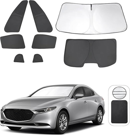8PCS Windshield Sun Shade Custom Fit for 2019-2024 2025 Mazda 3 Accessories Foldable Sunshade Side Rear Window Shade Cover Full Set Privacy Protection Keeps Car Cool