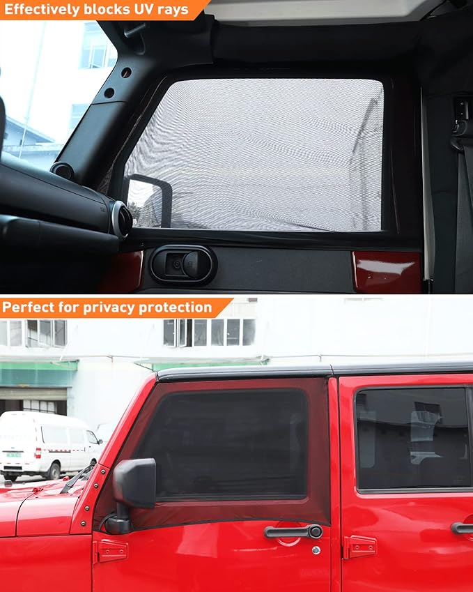 Savadicar Front Window Sun Shades, Breathable Mesh Side Window Sunshade, Stretchy Sun Screen Net Compatible with 1997-2024 Jeep Wrangler TJ JK JL & Gladiator JT, Anti-UV for Baby/Pets/Camping, Pair