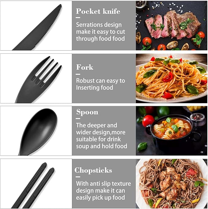 Large Reusable Travel Utensils Set with Case, Plastic Set for Adults Travel Picnic Camping, Portable Flatware Cutlery Set with Chopsticks for Daily Use(Black)