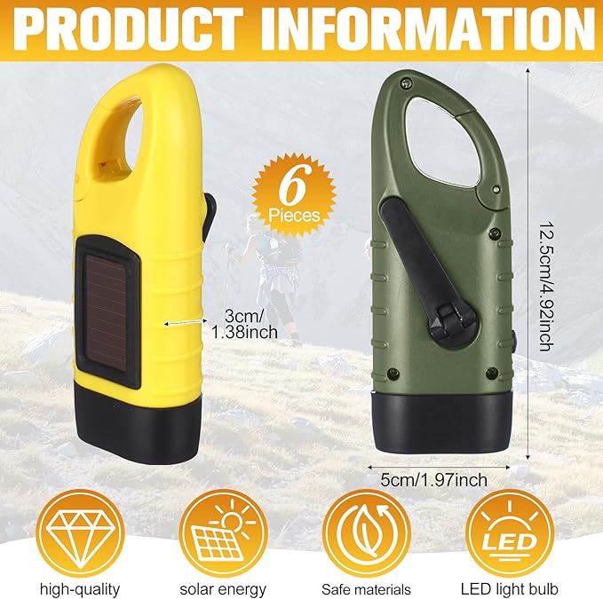 Mudder 6 Pcs Hand Crank Solar Powered Flashlights Emergency Rechargeable LED Handheld Flashlights for Survival Gear Outdoor Sports Camping Hiking Backpack Safety(Green,Yellow)
