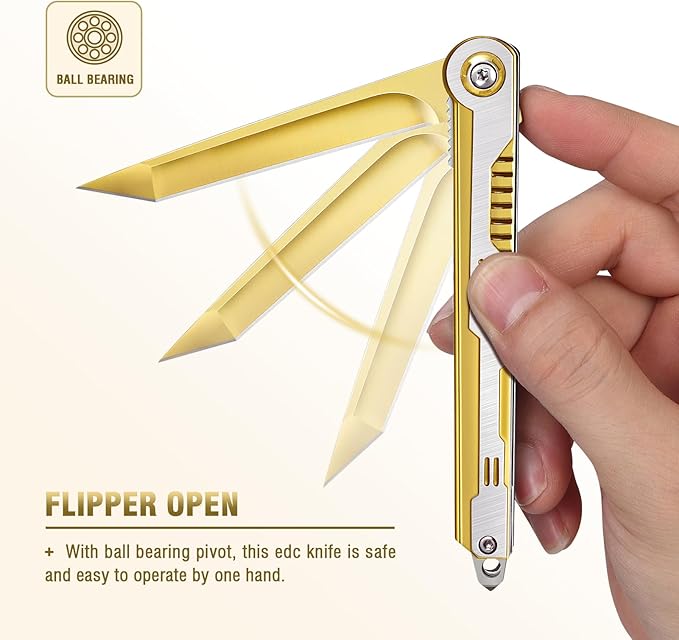 FUNBRO Cool Pocket Knife Gifts for Men, EDC Tanto Blade Folding Knives with Clip, Flipper Open Survival Knife with Window Breaker and Liner Lock for Outdoor Camping (Gold)