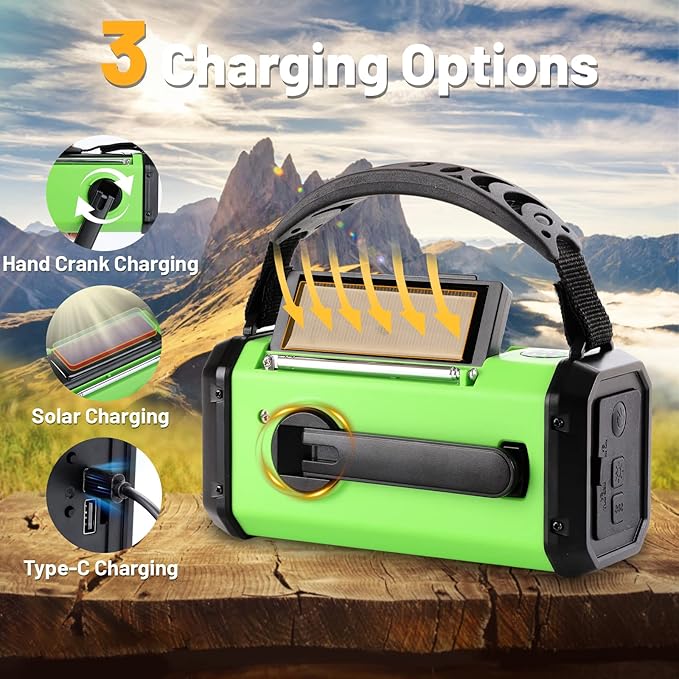 Aivica Emergency Hand Crank Radio with 10000mAh/37000mWh Battery Backup, AM FM NOAA Weather Radio, Type-C Charge,Solar Radio,SOS, 3 Modes LED Flashlight，Reading Lamp, Compass for Outdoor Survival