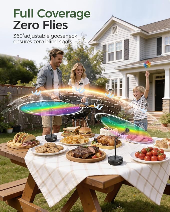 TriPole Fly Fans for Tables, Food Fans 2000mAh Rechargeable Table Fan Portable Fly Spinners with LED Display, 20H Runtime for Outdoor Picnic, BBQ Patio Parties, Camping, Kitchen, 4 Pack (Black)