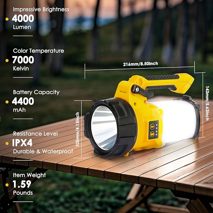 BOBKID Tripod Rechargeable Camping Lantern, 6 Modes LED Flashlight Handheld Spotlight with 4000LM, IPX4 Waterproof Searchlight Work Light for Emergency Hiking Survival Kit - Yellow