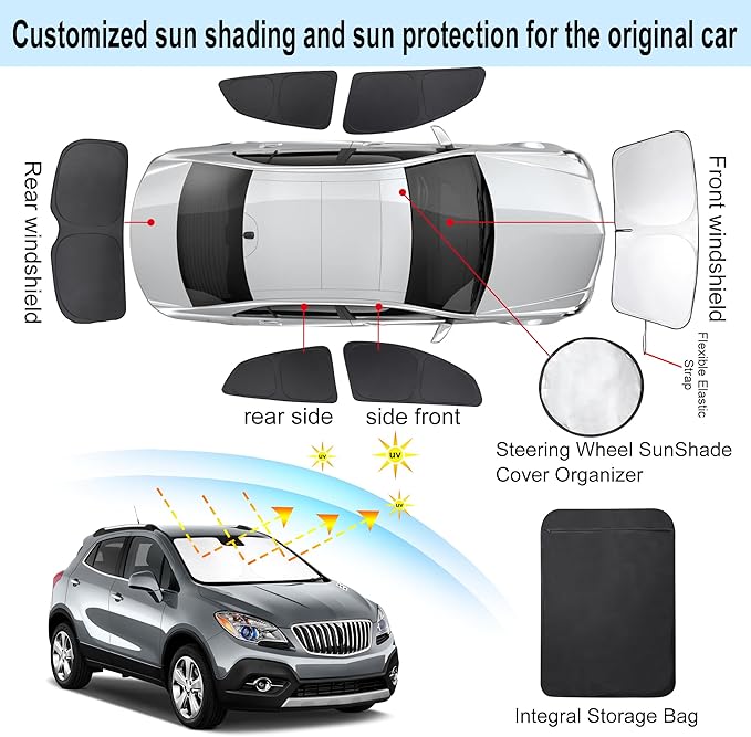 6PCS Windshield Sun Shade Custom Fit for 2013-2019 Buick Encore Accessories Foldable Sunshade Side Rear Window Shade Cover Full Set Privacy Protection Keeps Car Cool