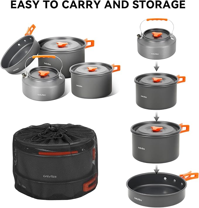 ONLYFIRE OUTDOOR LIVING15pcs Camping Cookware Set, Lightweight Nonstick Pots, Pan, Kettle, Utensils, Bowls, and Cleaning Tool with Mesh Bag for Camping Hiking Backpacking RV Tailgating Cooking, CT605