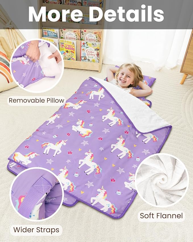 Primlect Toddler Nap Mat with Removable Pillow and Flannel Blanket, Portable Sleep Bag for Kids, Easy to Roll up, Washable, Perfect for Daycare, Preschool, Boys and Girls, 3-6 Years
