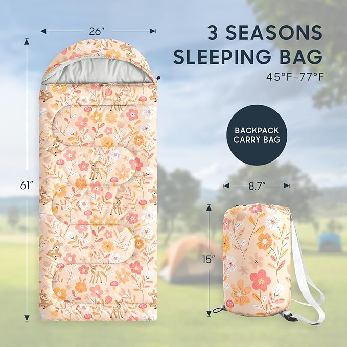 Wake In Cloud - Kids Sleeping Bag for Girls Toddlers, Camping in Warm Cold Weather, Backpacking Lightweight Compact Outdoor Liner for 3 Seasons, Deer Floral Garden