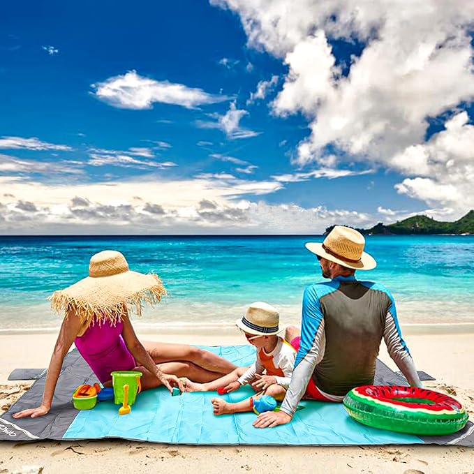 covacure Beach Blanket Waterproof Sandproof 79”X 83"- Large Beach Blanket Sandproof Fits for 4 Adults, Waterproof Beach Mat with 3 Zipper Pocket, Outdoor Beach Mat for Travel, Camping, Hiking