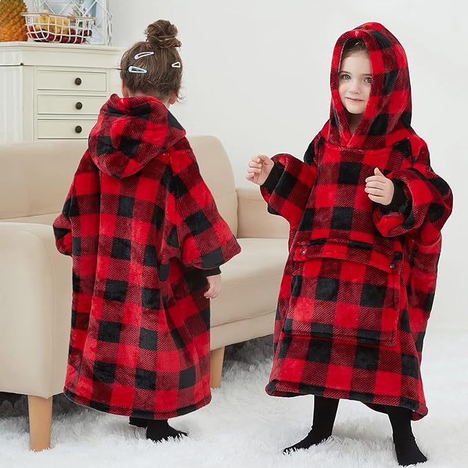 KFUBUO Wearable Blanket Hoodie for Kids Toddlers Sherpa Blanket Sweatshirt With Pocket Cute Hoodies 2-6 Year Old Girl Boy Red Plaid