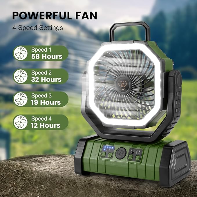 Odoland 30000mAh Camping Fan with LED Lantern, Rechargeable Battery Operated Oscillating Fan with Remote & Hook, Portable Tent Fan with Timer, 4 Speeds for Outdoor Camp RV Jobsite Power Outage, Green