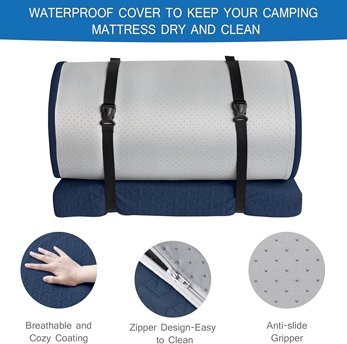 Memory Foam Camping Mattress Pad 3 Inch Thick, Portable Sleeping Pad with Waterproof Cover, Portable Roll Up Cot Mattress Pad Floor Mat for Travel Truck Bed Tent 72" x 24"x 3"