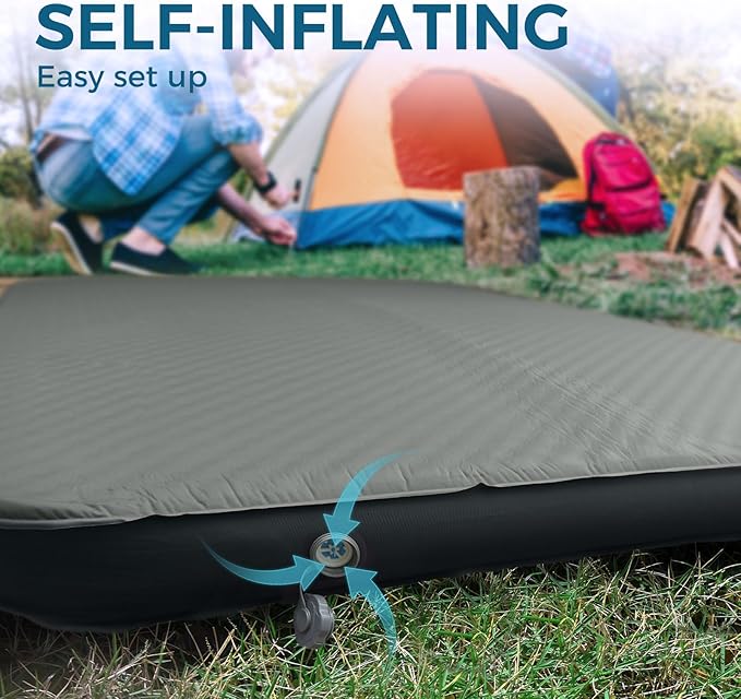 LOSTHORIZON Air & Foam Camping Mattress, Self-Inflating Sleeping Pad, 4.5" Thick, with Air Pump, Queen, Gray