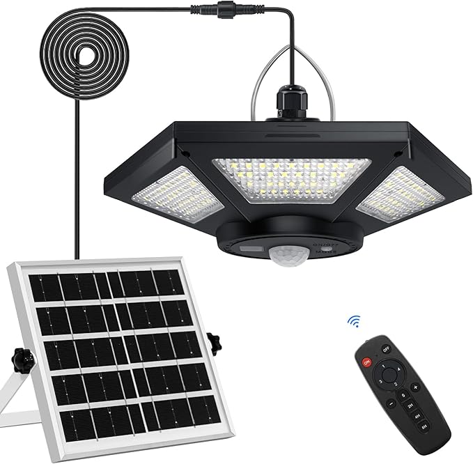Aqonsie Solar Shed Light Indoor Outdoor Solar Powered Pandent Daytime Work Lights with 5 Lighting Modes & 3 Timers, 180LED Solar Indoor Lights Motion Sensor with Remote Control for Shed Barn Garage