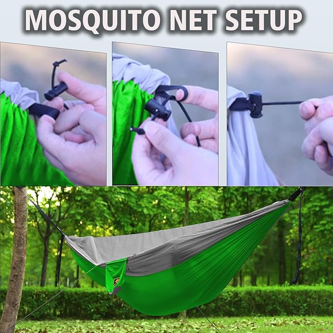 Camping Hammock, Portable Hammocks with Mosquito Net,Lightweight Nylon Parachute Hammock with 10ft Tree Straps,Camping Gear Must Haves for Travel Hiking Backpacking Beach Patio-Red&Grey