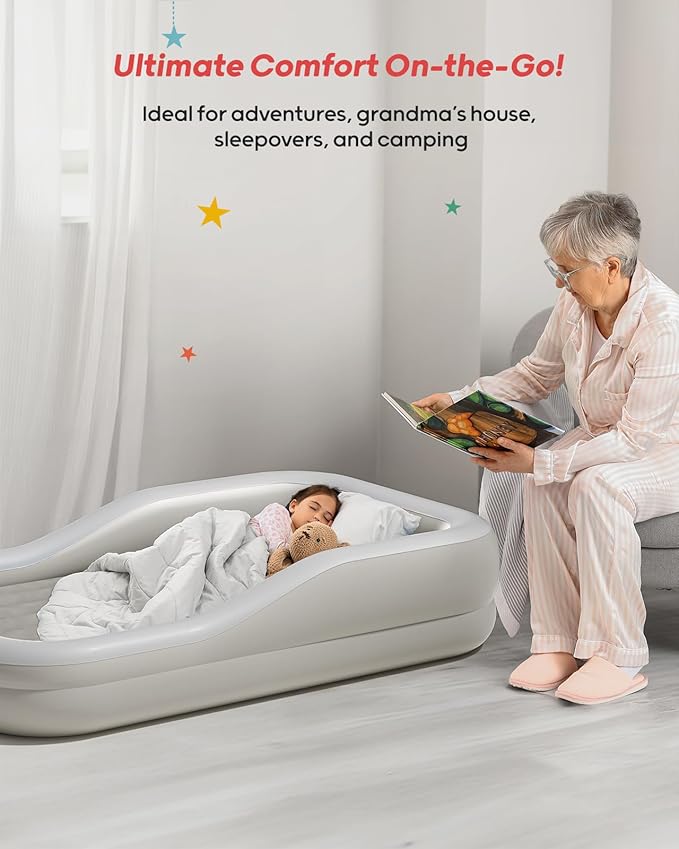 QPAU Inflatable Toddler Travel Bed with 3-Sided Safety Bumpers, Extra Large Kids Air Mattress, Includes Detachable Mattress, Portable for Camping, Travel, Home Use (Grey)