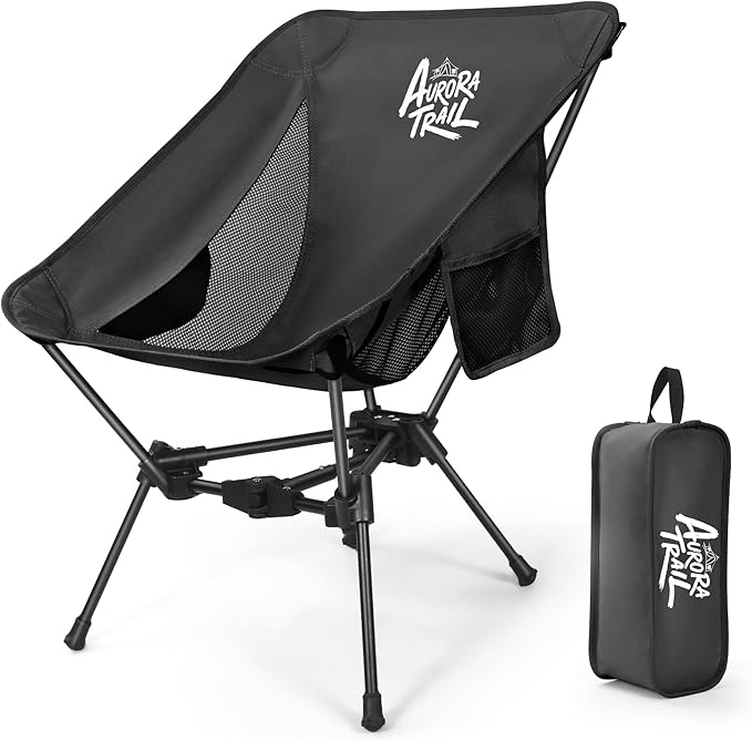 AuroraTrail Ultralight Backpacking Camping Chair – Only 2.7 lb, Supports 330 lb, Compact Folding Outdoor Seat with Carry Bag, 7075 Aluminum Frame for Hiking, Camping & Festivals (Black)