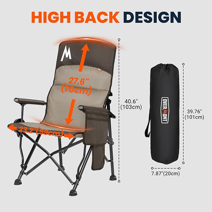 Overmont Heated Camping Chair with High Back - 3 Heat Levels 2-Zone Separately Heating - 450 LBS Support Heavy Duty Folding Chair Portable for Adults Patent No.: US D1.028.543S - Battery NOT Included