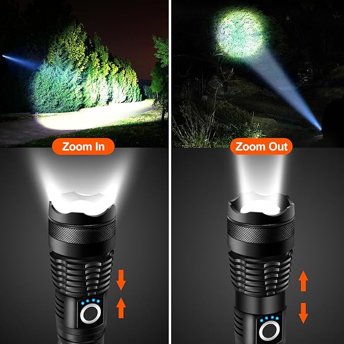 High Lumen Flashlight Rechargeable, 150000 Lumens Super Bright, 5 Modes & Adjustable Focus Zoomable, IP55 Waterproof & Shockproof Tactical Flashlight for Camping, Hiking, Emergency, Outdoor