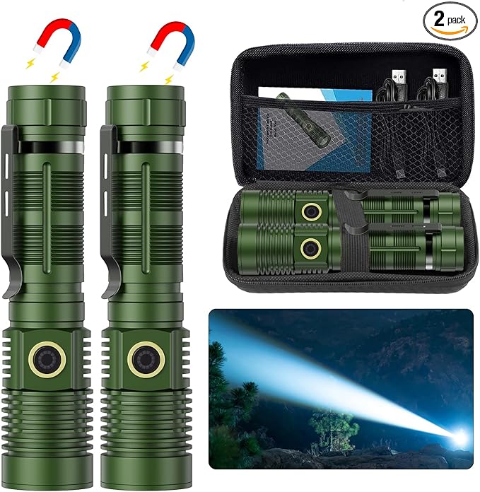 Hoxida Small Tactical Flashlights High Lumens - 1500 Meters Long Beam Super Bright LED Magnetic Flashlight USB Rechargeable Zoomable 5Modes Long Beam Spotlight Flashlight for Hiking, Camping-Green