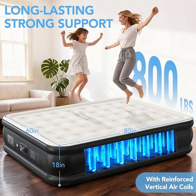 Queen Air Mattress with Built in Pump, 18” High Inflatable Mattress with Storage Bag, 3 Mins Easy Inflation/Deflation, 800lbs Heavy Duty Blow up Mattress, Flocked Top Air Bed for Home & Guests