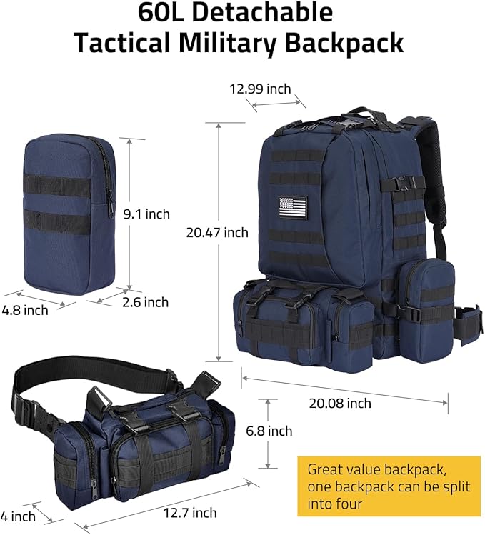 CVLIFE Tactical Backpack Military Army Rucksack 60L Large Assault Pack Detachable Molle Bag, Blue