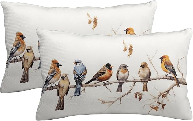 ITFRO Set of 2 Hand-Painted Oil Painting Rustic Forest Wildlife Birds Tree Branches Short Plush Both Sides Lumbar Animal Throw Pillow Cover Cushion Case Sofa Waist Decorative 12x20 Inches (Ivory)