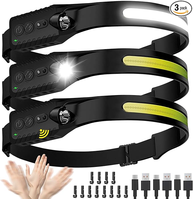 Headlamp Rechargeable (3-Pack), LED Head Lamp Flashlight, 230° Wide Beam Headband Light, 400 Lumen Super Bright, USB-C Rechargeable Lightweight Headlight for Running, Fishing, Hiking, Camping